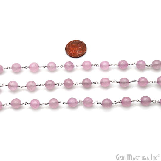 Light Pink Jade 8mm Silver Plated Round Faceted Rosary Chain