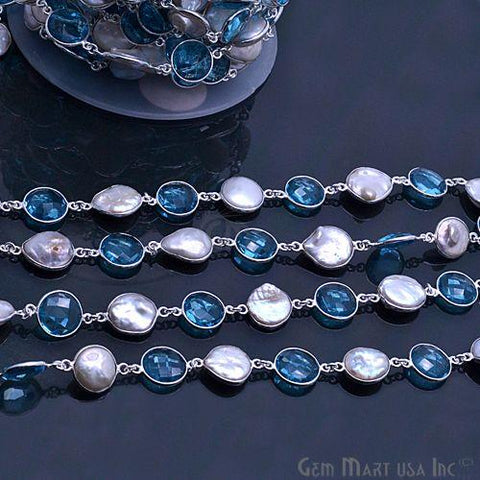Blue Topaz with Pearl 12mm Round Silver Plated Continuous Connector Chain