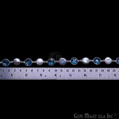 Blue Topaz with Pearl 12mm Round Silver Plated Continuous Connector Chain