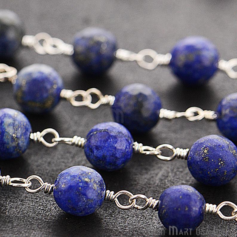 Lapis Jade Faceted Beads 8mm Silver Plated Wire Wrapped Rosary Chain - GemMartUSA