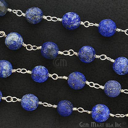 Lapis Jade Faceted Beads 8mm Silver Plated Wire Wrapped Rosary Chain - GemMartUSA