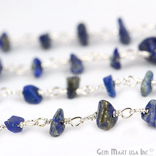 Lapis Lazuli Nugget Chip Beads Silver Plated Wire Wrapped Rosary Chain