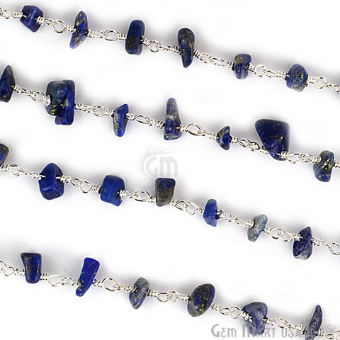 Lapis Lazuli Nugget Chip Beads Silver Plated Wire Wrapped Rosary Chain