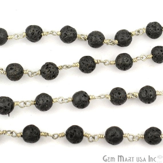Lava Gemstone beads Round Shape Silver Plated Link Rosary Chain - GemMartUSA