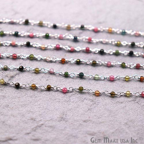 Multi Tourmaline Gemstone Beaded Silver Plated Wire Wrapped Rosary Chain