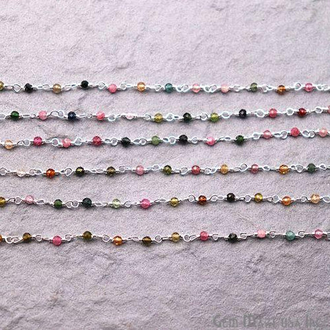 Multi Tourmaline Gemstone Beaded Silver Plated Wire Wrapped Rosary Chain