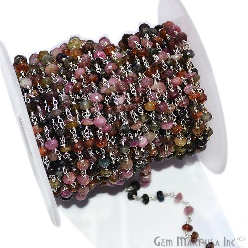 Tourmaline Beads Chain, Silver Plated Wire Wrapped Rosary Chain (763942600751)