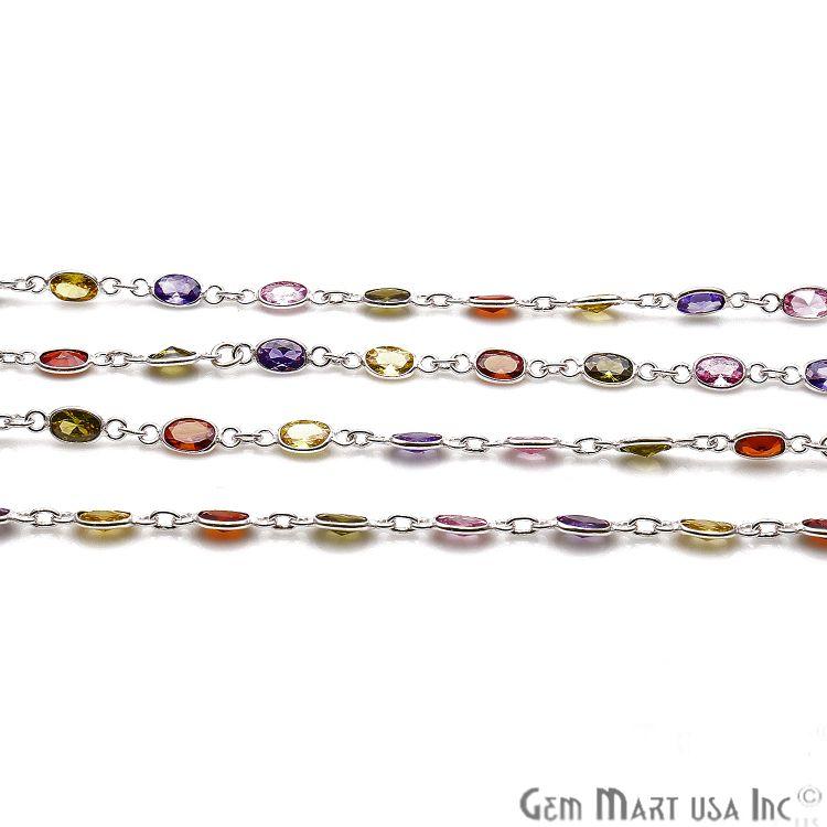 Multi Color Zircon Oval 6x4mm Silver Plated Continuous Connector Chain (763999322159)