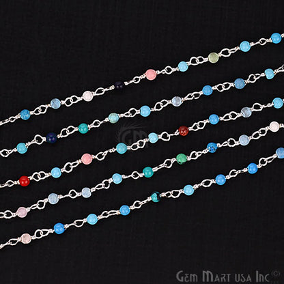 Multi Color Smooth Beads 2-2.5mm Silver Plated Wire Wrapped Rosary Chain