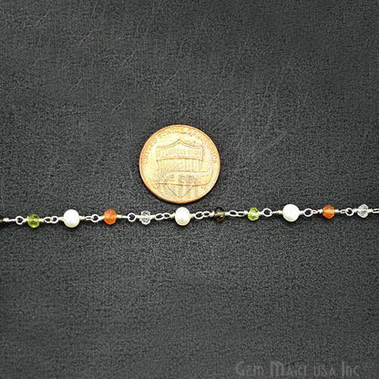 Multi Color With Pearl 3-3.5mm Silver Plated Wire Wrapped Beads Rosary Chain