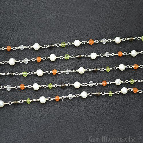 Multi Color With Pearl 3-3.5mm Silver Plated Wire Wrapped Beads Rosary Chain