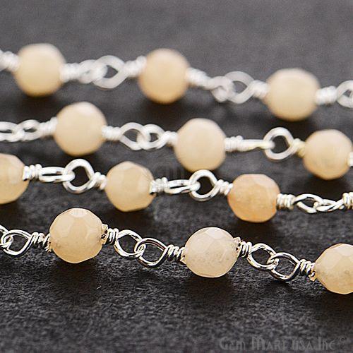 Light Caramel Jade Beads Silver Plated Wire Wrapped Rosary Chain (763950530607)