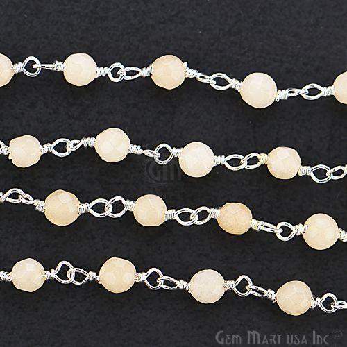 Light Caramel Jade Beads Silver Plated Wire Wrapped Rosary Chain (763950530607)