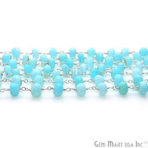 Blue Opal Silver Plated 6-7mm Wire Wrapped Beaded Rosary Chain