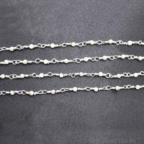 Mother Of Pearl Beads Chain, Silver Plated Wire Wrapped Rosary Chain (763953315887)