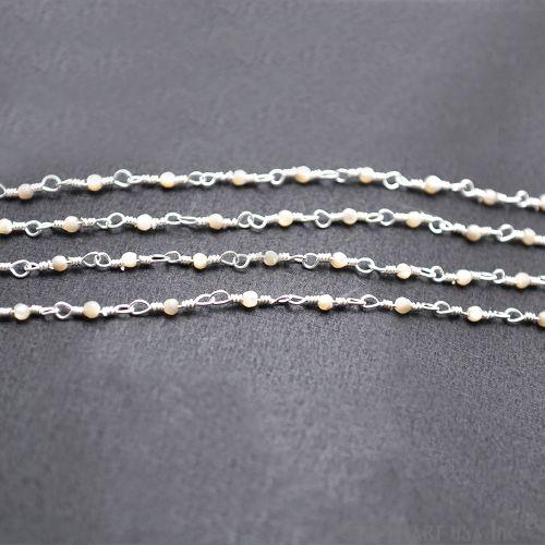 Mother Of Pearl Beads Chain, Silver Plated Wire Wrapped Rosary Chain (763953315887)