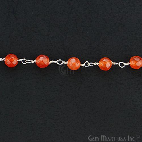 Orange Jade Beads Silver Plated Wire Wrapped Rosary Chain (763953872943)