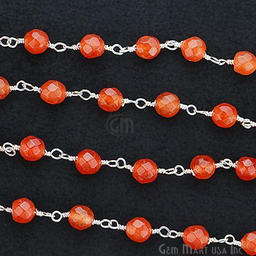 Orange Jade Beads Silver Plated Wire Wrapped Rosary Chain (763953872943)