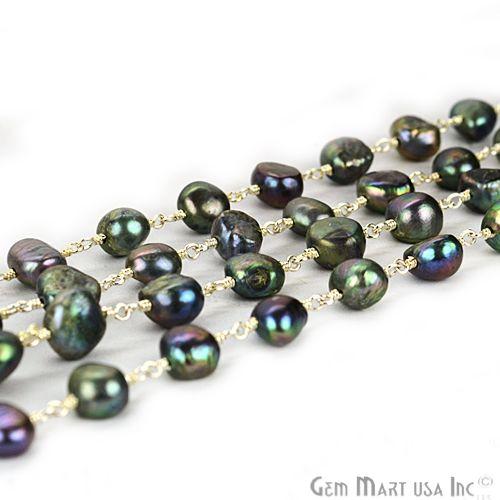 Black Pearl 7-9mm Freeform Silver Plated Wire Wrapped Beads Rosary Chain (763955675183)