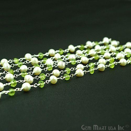 Peridot With Pearl Silver Plated Wire Wrapped Beads Rosary Chain