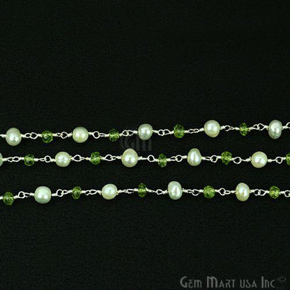 Peridot With Pearl Silver Plated Wire Wrapped Beads Rosary Chain