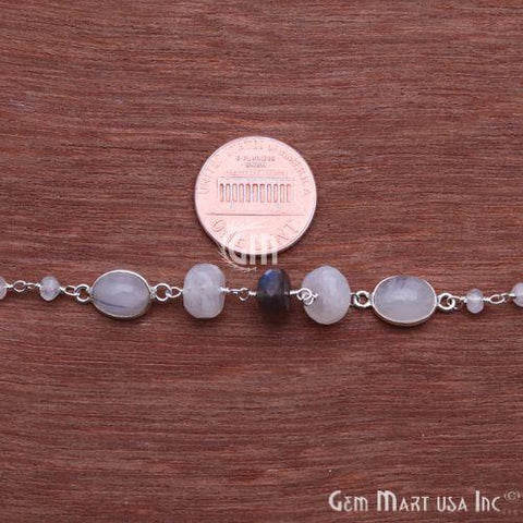 Moonstone & Labradorite Silver Plated Bezel With Wire Wrapped Beads Connector Rosary Chain