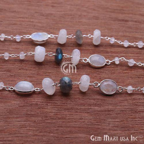 Moonstone & Labradorite Silver Plated Bezel With Wire Wrapped Beads Connector Rosary Chain