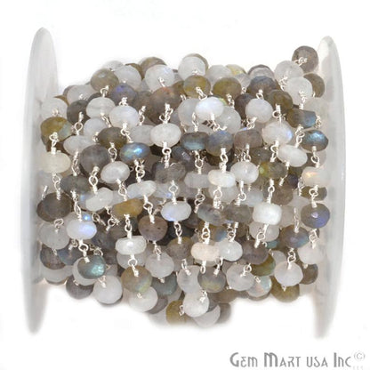 Rainbow & Labradorite 7-8mm Sterling Silver Rondelle Beads Rosary Chain - GemMartUSA