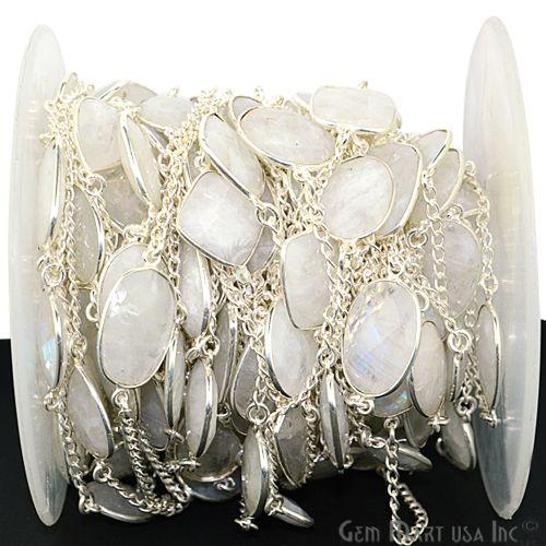 Rainbow Moonstone 10-15mm Silver Plated Link Bezel Connector Chain (764419637295)