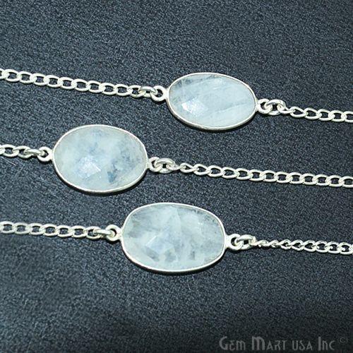 Rainbow Moonstone 10-15mm Silver Plated Link Bezel Connector Chain (764419637295)