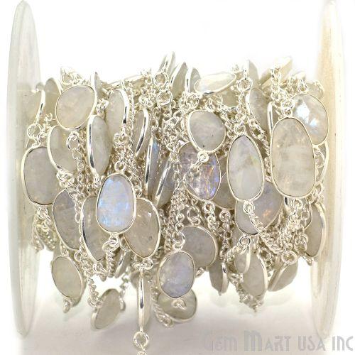 Rainbow Moonstone 10-15mm Silver Plated Link Bezel Connector Chain (764419637295)