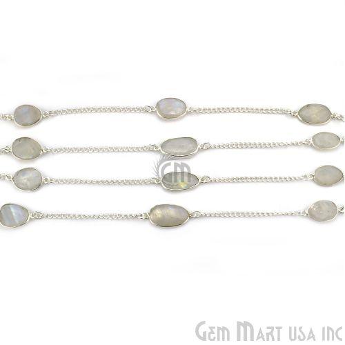 Rainbow Moonstone 10-15mm Silver Plated Link Bezel Connector Chain (764419637295)