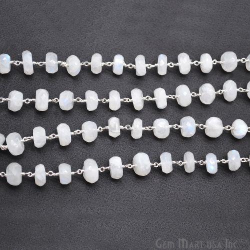 Rainbow Moonstone 9-10mm Silver Plated Wire Wrapped Beads Rosary Chain (763703656495)