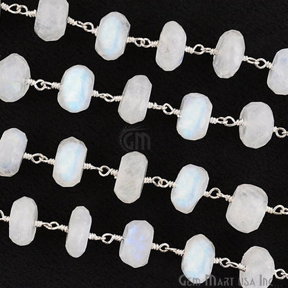 Rainbow Moonstone 8-9mm Silver Plated Wire Wrapped Beads Rosary Chain - GemMartUSA (763704606767)