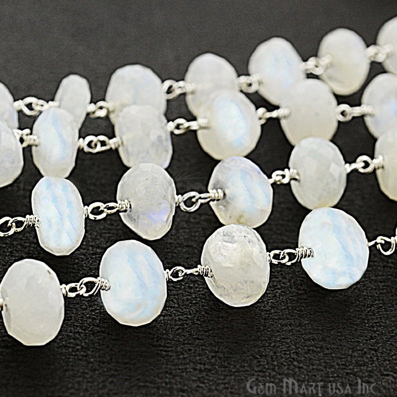 Rainbow Moonstone 8-9mm Silver Plated Wire Wrapped Beads Rosary Chain - GemMartUSA (763704606767)