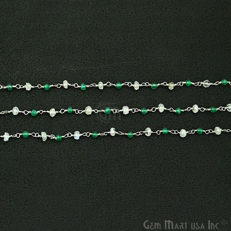 Rainbow With Green Onyx 3-3.5mm Silver Plated Wire Wrapped Beads Rosary Chain - GemMartUSA