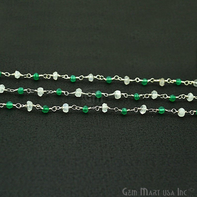 Rainbow With Green Onyx 3-3.5mm Silver Plated Wire Wrapped Beads Rosary Chain - GemMartUSA