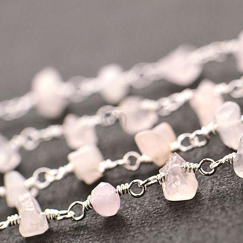 Rose Quartz 4-6mm Nugget Chip Beads Silver Plated Rosary Chain (763973468207)