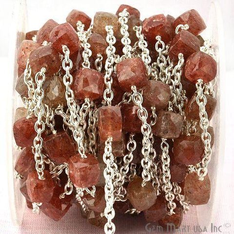 Strawberry Quartz Beads Chain, Silver Plated Wire Wrapped Rosary Chain