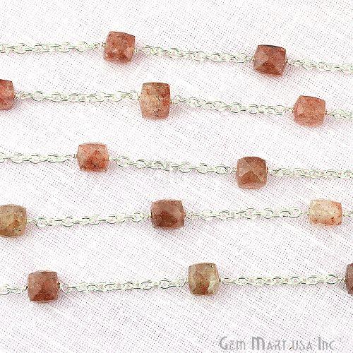 Strawberry Quartz Beads Chain, Silver Plated Wire Wrapped Rosary Chain (763696513071)