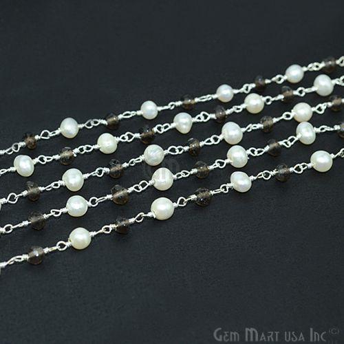 Smoky Topaz With Pearl Silver Plated Wire Wrapped Beads Rosary Chain