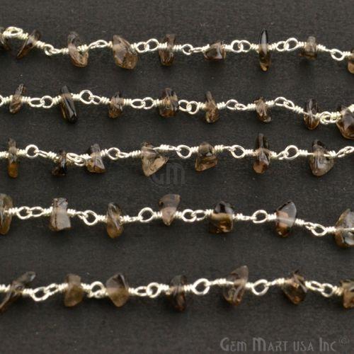 Smokey Topaz Beads Chain, Silver Plated Wire Wrapped Rosary Chain (763707228207)