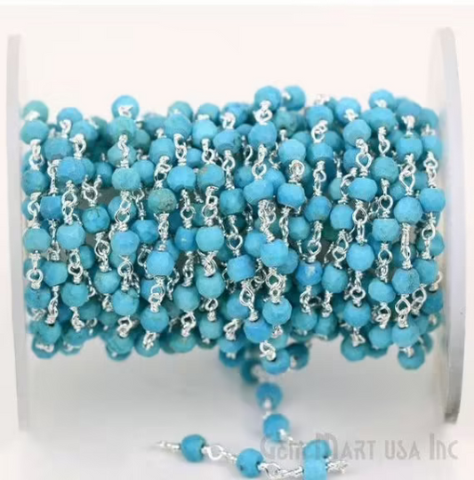 Turquoise 3-3.5mm Sterling Silver Wire Wrapped Rosary Chain