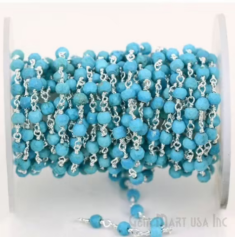 Turquoise 3-3.5mm Sterling Silver Wire Wrapped Rosary Chain