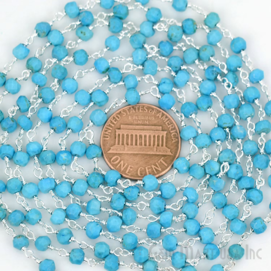 Turquoise 3-3.5mm Sterling Silver Wire Wrapped Rosary Chain