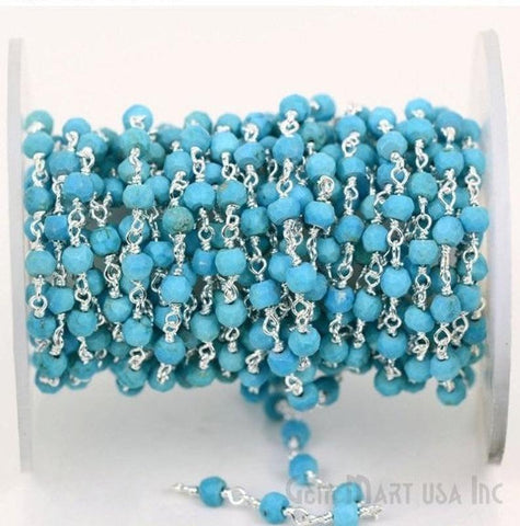Turquoise Beads 4mm Sterling Silver Wire Wrapped Rosary Chain - GemMartUSA
