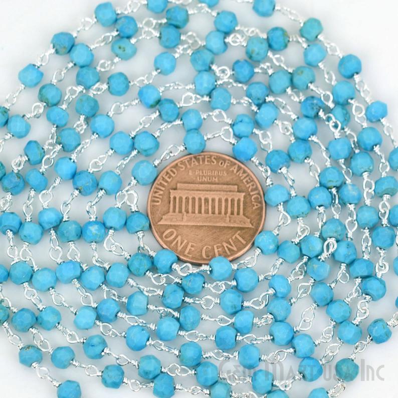 Turquoise Beads 4mm Sterling Silver Wire Wrapped Rosary Chain - GemMartUSA
