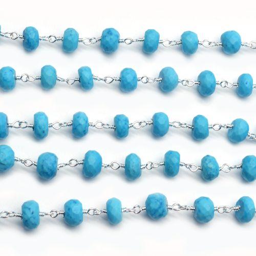Turquoise Beads Chain, Silver Plated Wire Wrapped Rosary Chain (762750042159)