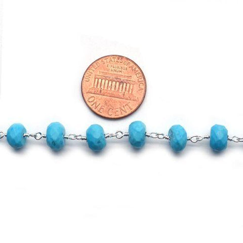 Turquoise Beads Chain, Silver Plated Wire Wrapped Rosary Chain (762750042159)