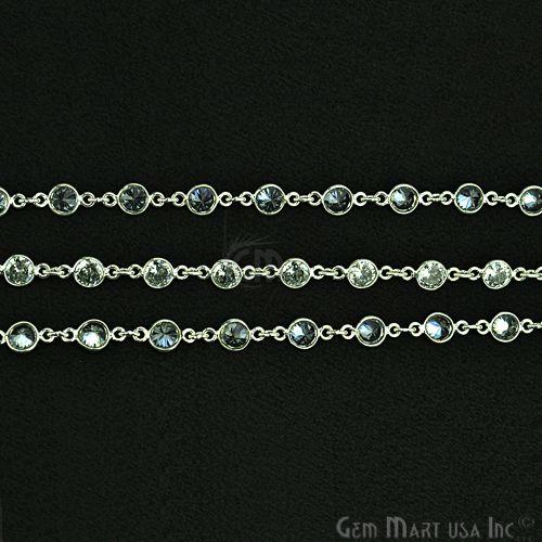 White Zircon 5mm Round Silver Plated Bezel Continuous Connector Chain